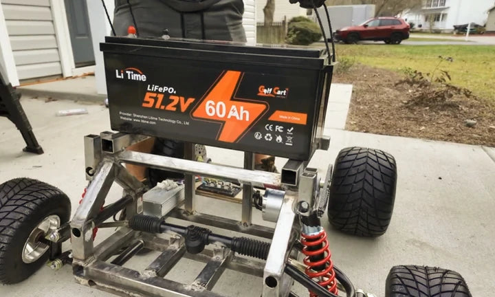A close-up of a lithium battery mounted on a cart frame, highlighting its specs for golf cart applications.