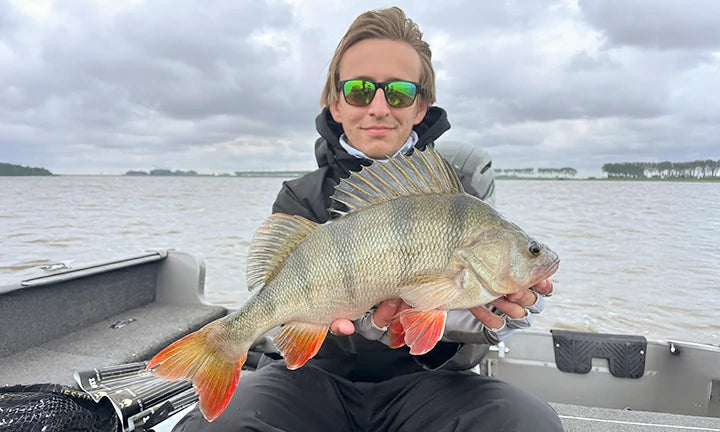 A happy angler proudly shows off a large perch she caught from her fishing boat