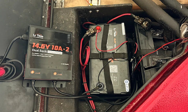 A clean dual-battery charger setup of two LiTime batteries strapped down in a boat's storage hatch