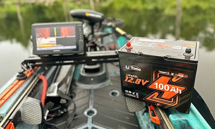 A LiTime battery powers a large fish finder and trolling motor on a high-tech fishing kayak