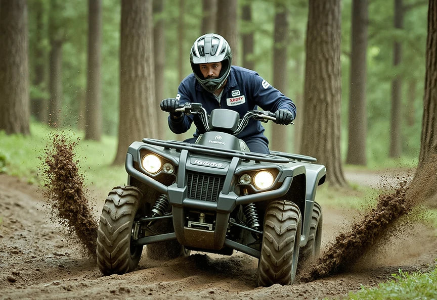 A man riding a black ATV through dirt in a forest, emphasizing performance and durability for golf cart batteries.