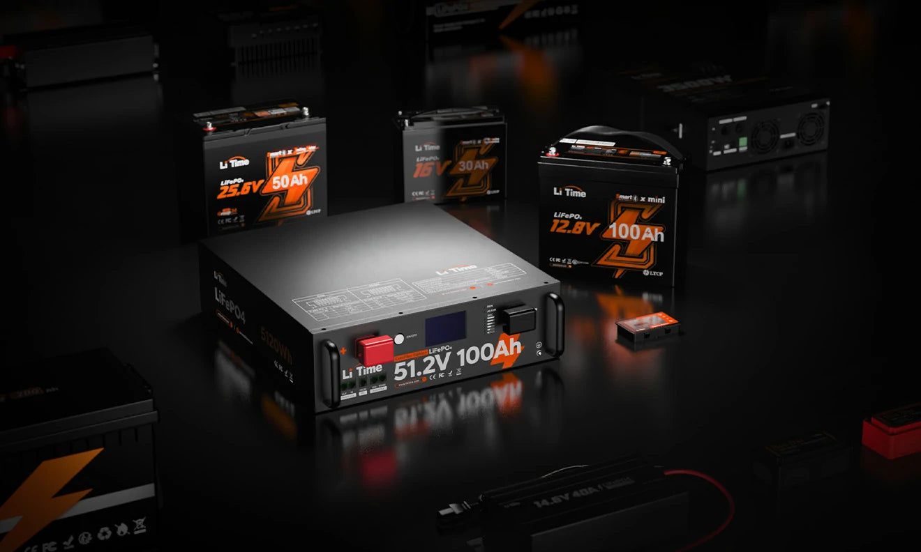 A showcase of the complete range of LiTime batteries in various sizes, representing a one-stop solution for power needs