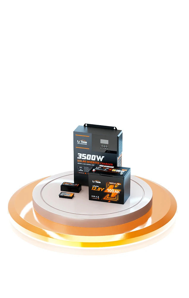 A display of LiTime batteries and an inverter together, illustrating a one-stop solution for your power system