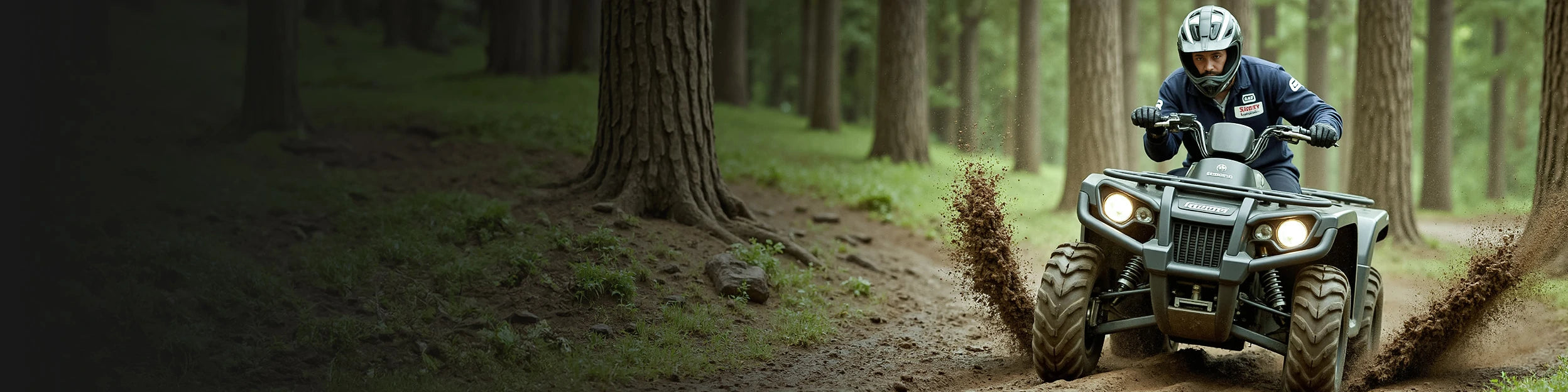 A man riding a black ATV through dirt in a forest, emphasizing performance and durability for golf cart batteries.
