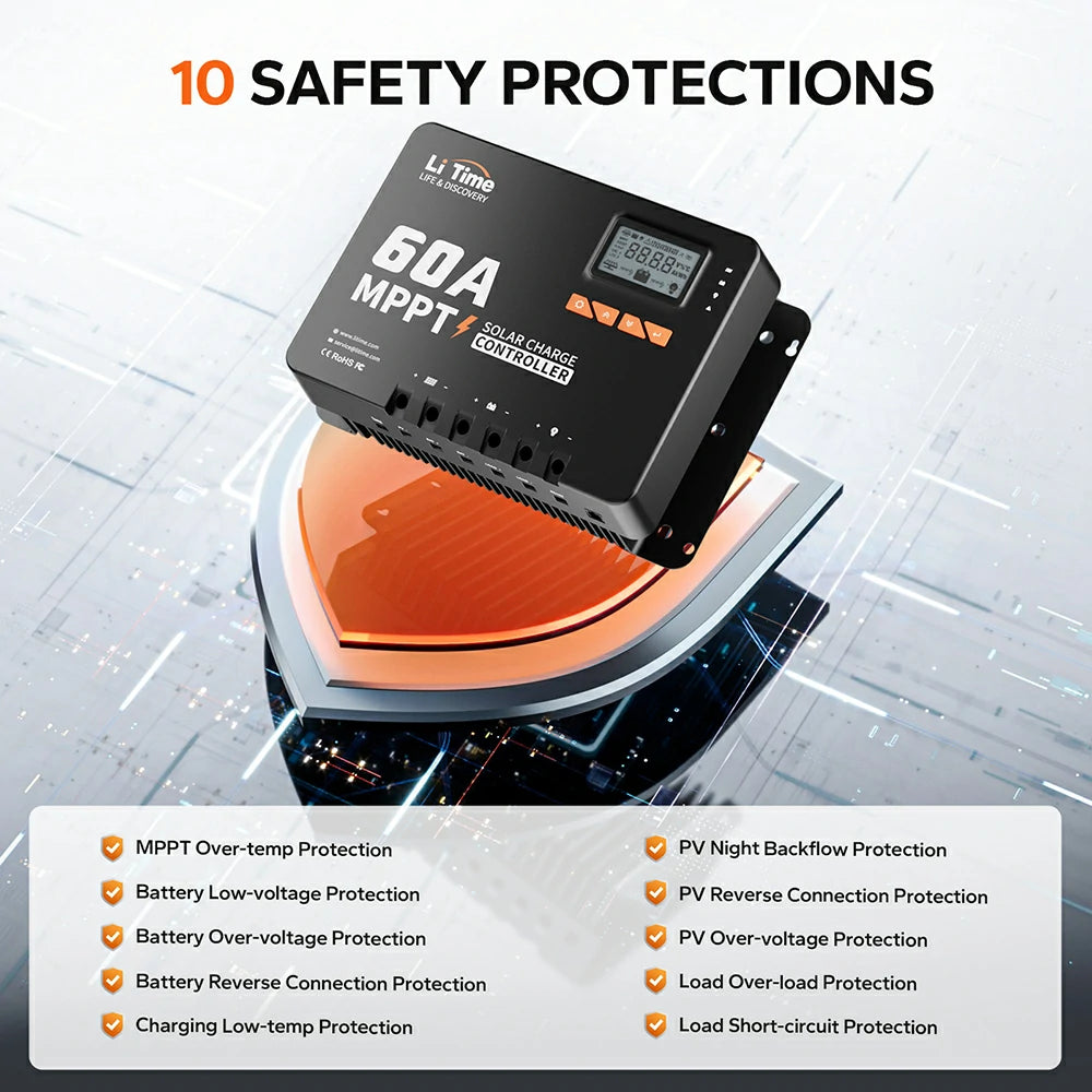 litime 60a mppt 12v/24v/36v/48v bluetooth solar charger cintroller 10 safety protections