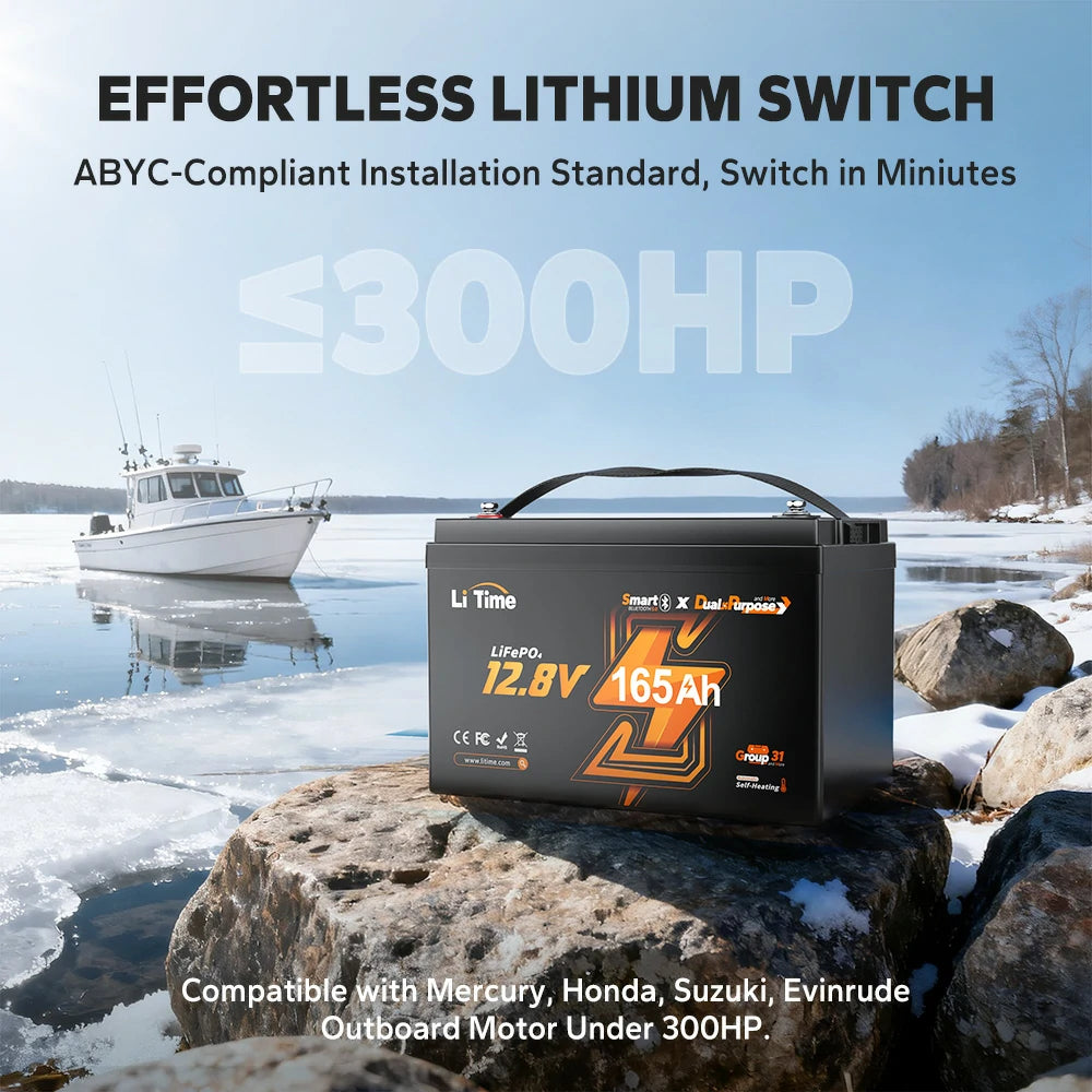 LiTime 12V 165Ah Dual Purpose Marine Lithium Battery | Bluetooth & 1200 CCA