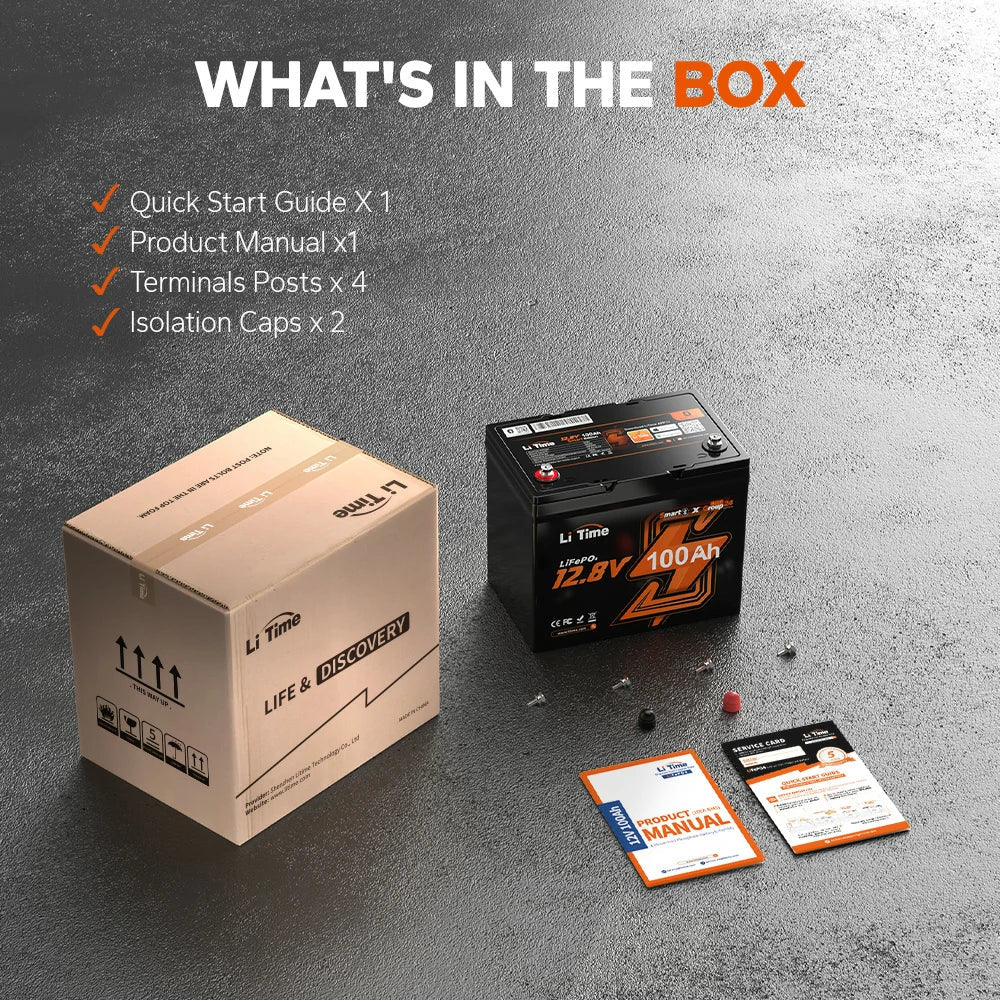 What's in the box: A LiTime battery, quick start guide, product manual, 4 terminal posts, and 2 isolation caps