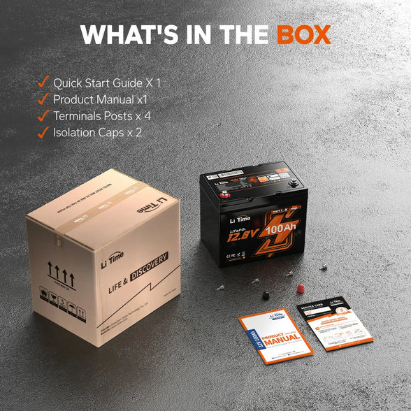 What's in the box: A LiTime battery, quick start guide, product manual, 4 terminal posts, and 2 isolation caps