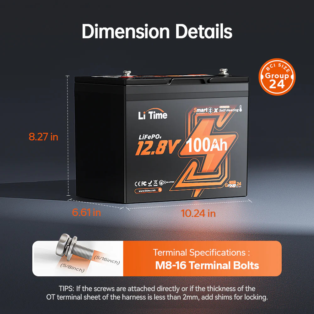 dimensions of group 24 deep cycle lithium battery:8.27*6.61*10.24 inches