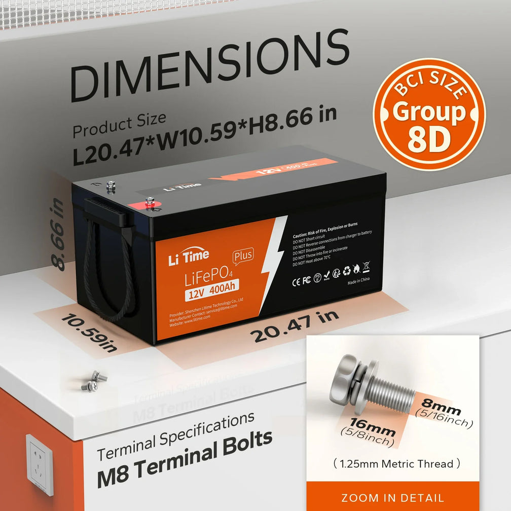 LiTime 12V 400Ah LiFePO4 Lithium Battery bci size group 8d