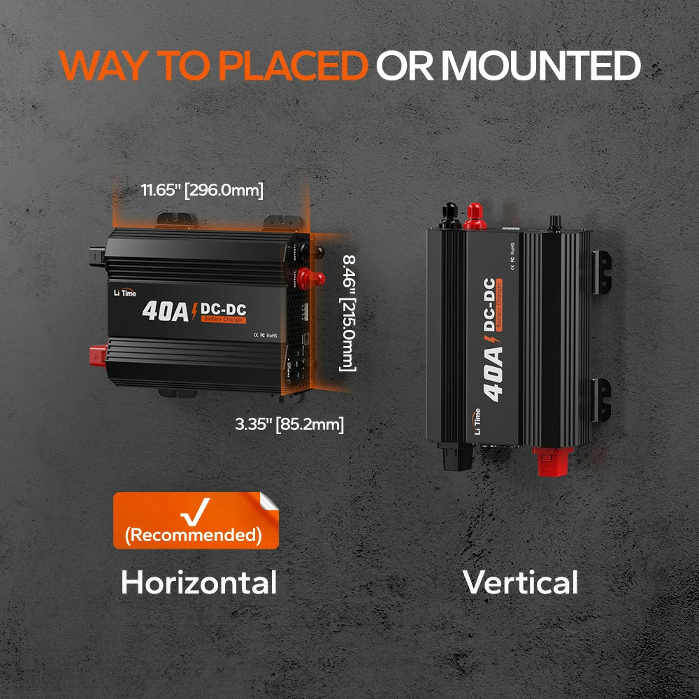 dimension information of LiTime 40A dc-dc charger and mounted ways recommended