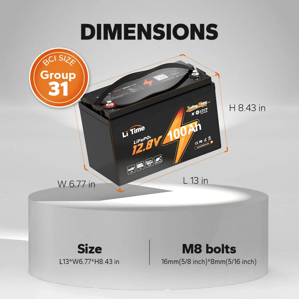 LiTime 12V 100Ah trolling motor lifepo4 battery: 13x6.77x8.43in, group 31 size, M8 bolts (16mm/8mm)