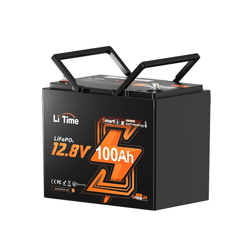 over view of 12V 100Ah Group 24 Bluetooth LiFePO4 Lithium Deep Cycle Battery with self-heating