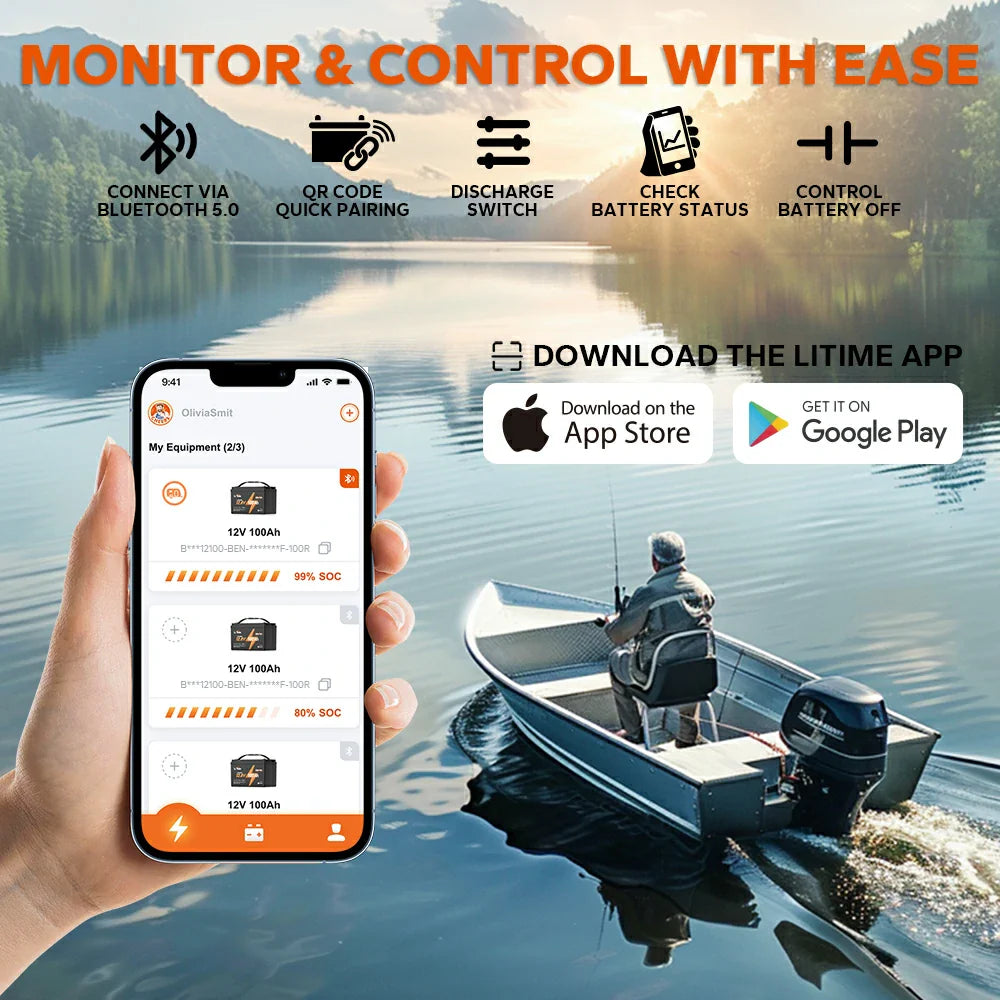 LiTime 12V 100Ah OBM Lithium Marine Battery for Electric Outboard Motors