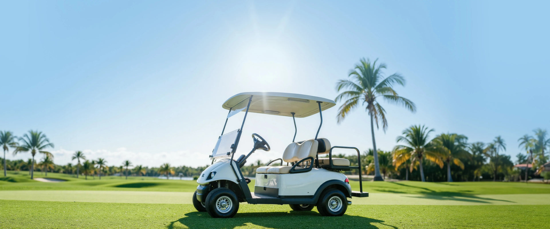 A golf cart on a sunny golf course, with text: 'Golf Cart Batteries - Power Your Game with Reliable, Long-Lasting Batteries