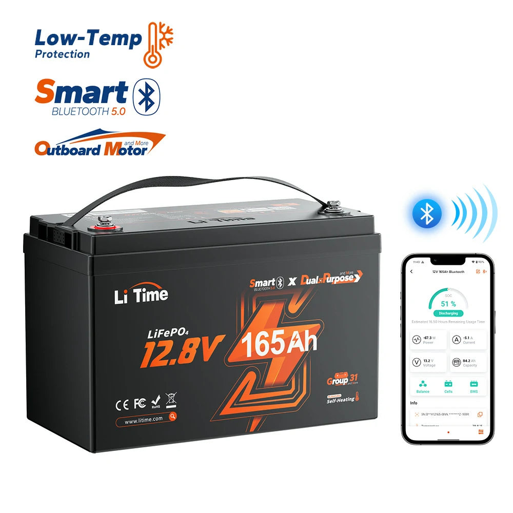 LiTime 12V 165Ah Dual Purpose Marine Lithium Battery | Bluetooth & 1200 CCA