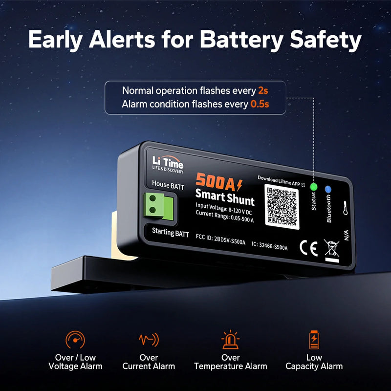 LiTime 500A Smart Battery Shunt with Bluetooth | Real-Time Monitoring for RV/Boat/Off-Grid