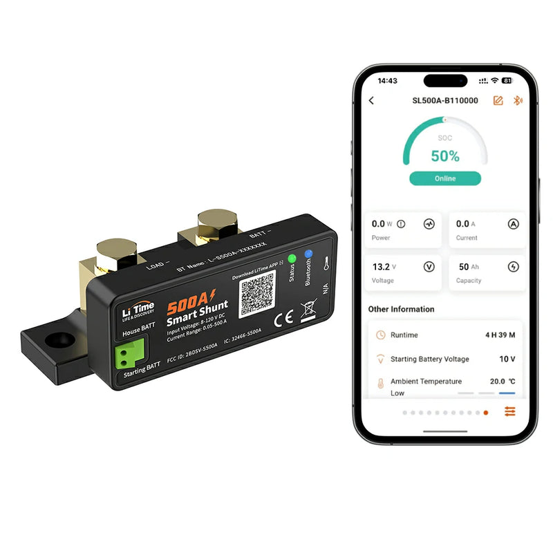 LiTime 500A Smart Battery Shunt with Bluetooth | Real-Time Monitoring for RV/Boat/Off-Grid