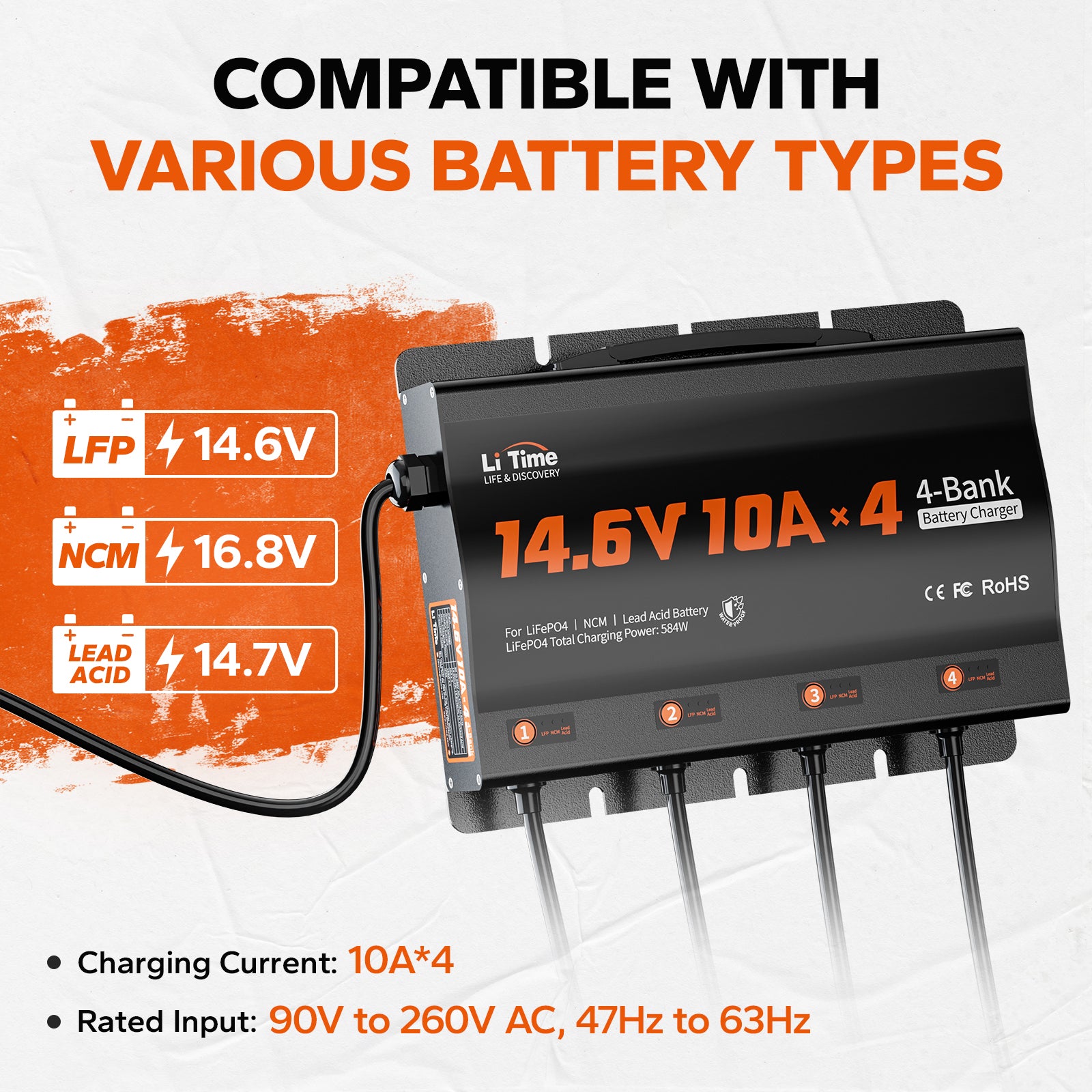 LiTime 4 Bank 12V 10A Battery Charger for Marine, RV