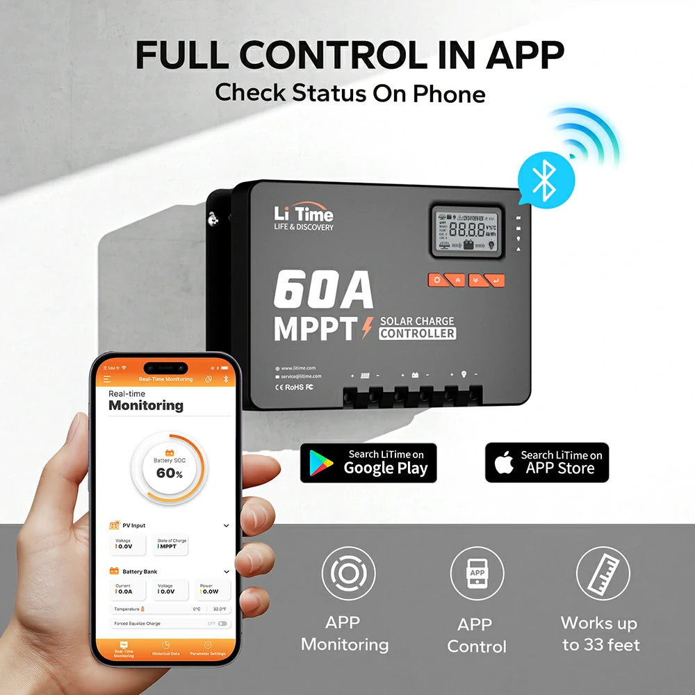 litime 60a mppt 12v/24v/36v/48v bluetooth solar charger cintroller full control in app