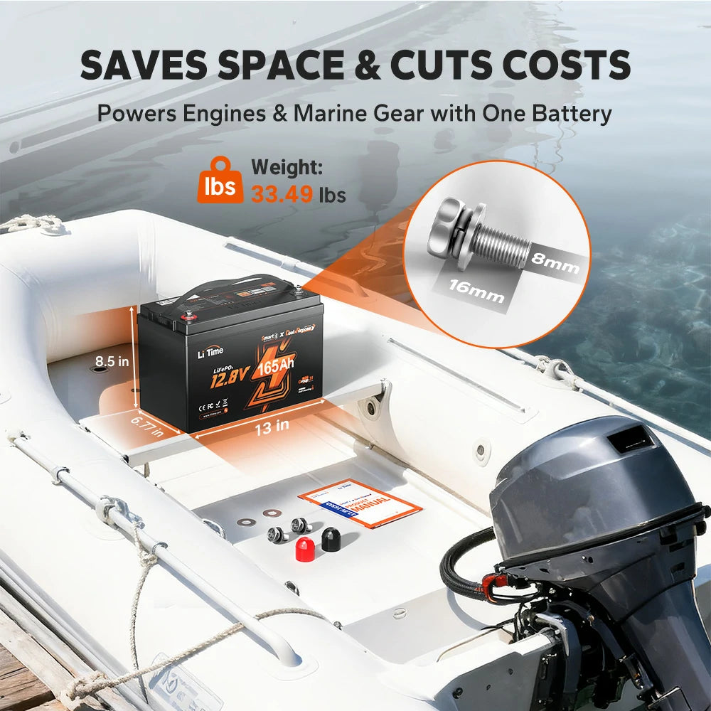 LiTime 12V 165Ah Dual Purpose Marine Lithium Battery | Bluetooth & 1200 CCA