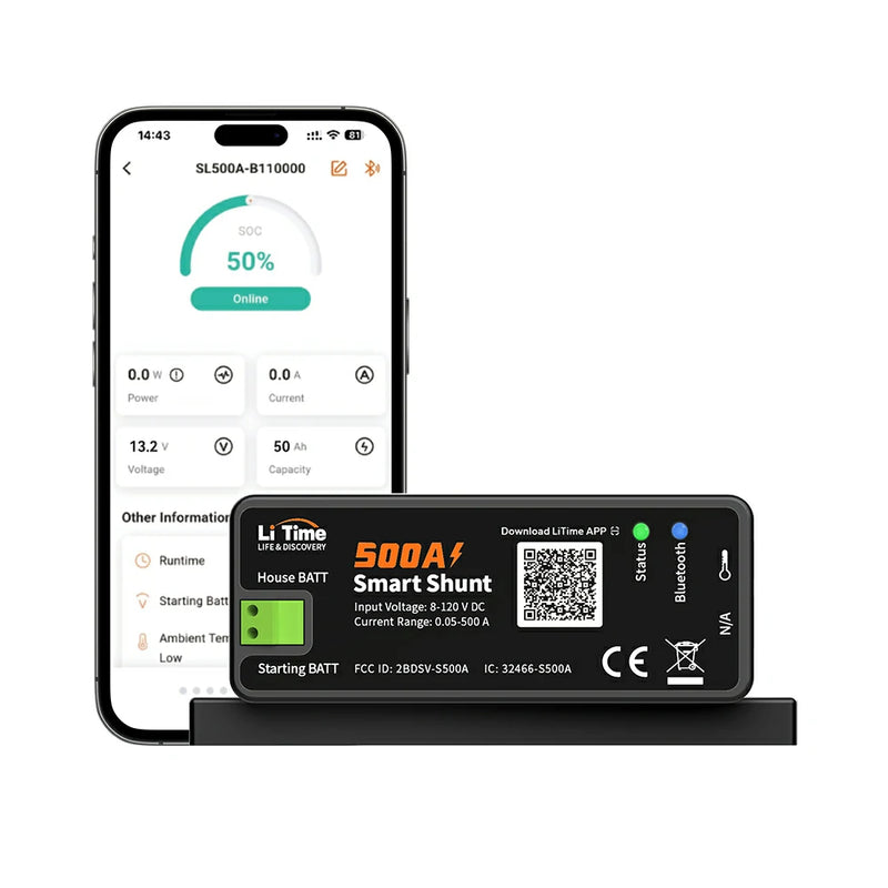 LiTime 500A Smart Battery Shunt with Bluetooth | Real-Time Monitoring for RV/Boat/Off-Grid