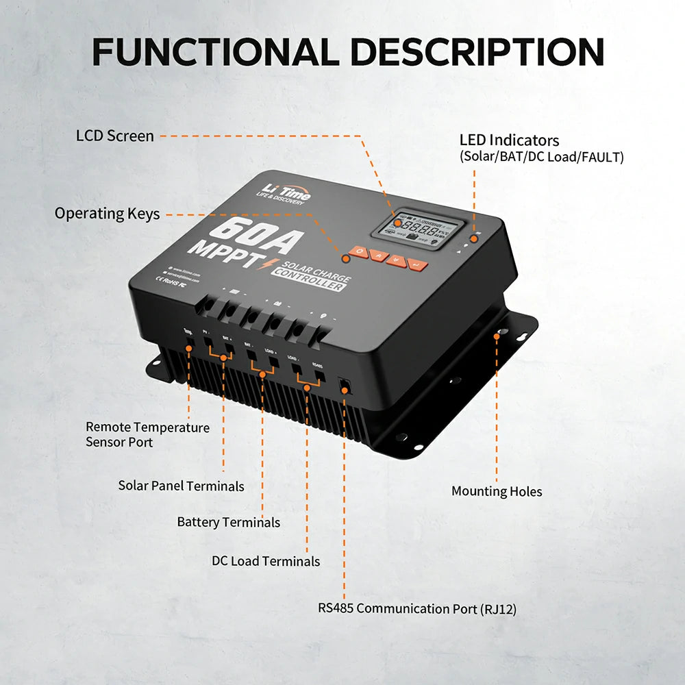 litime 60a mppt 12v/24v/36v/48v bluetooth solar charger cintroller funtional description