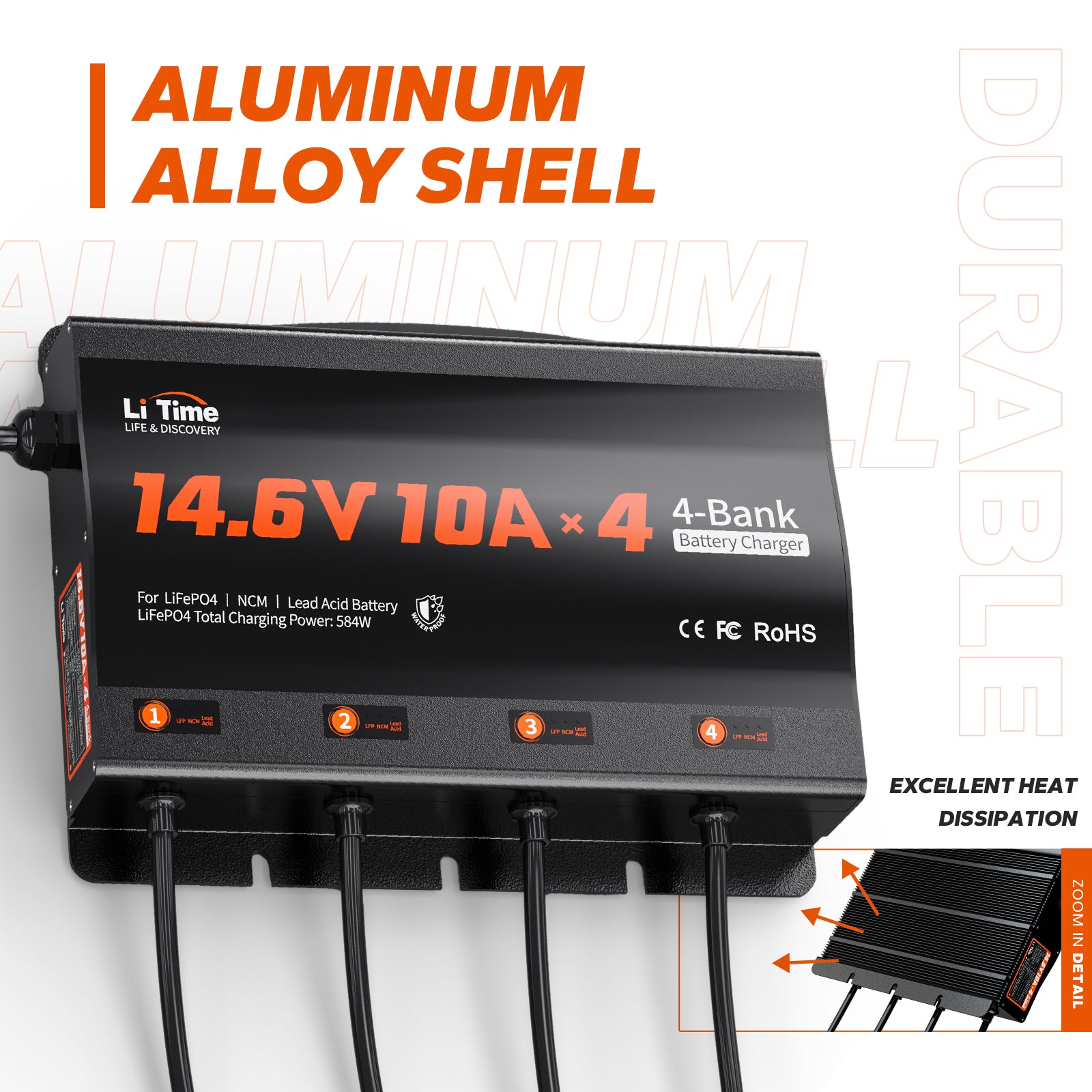LiTime 4 Bank 12V 10A Battery Charger for Marine, RV