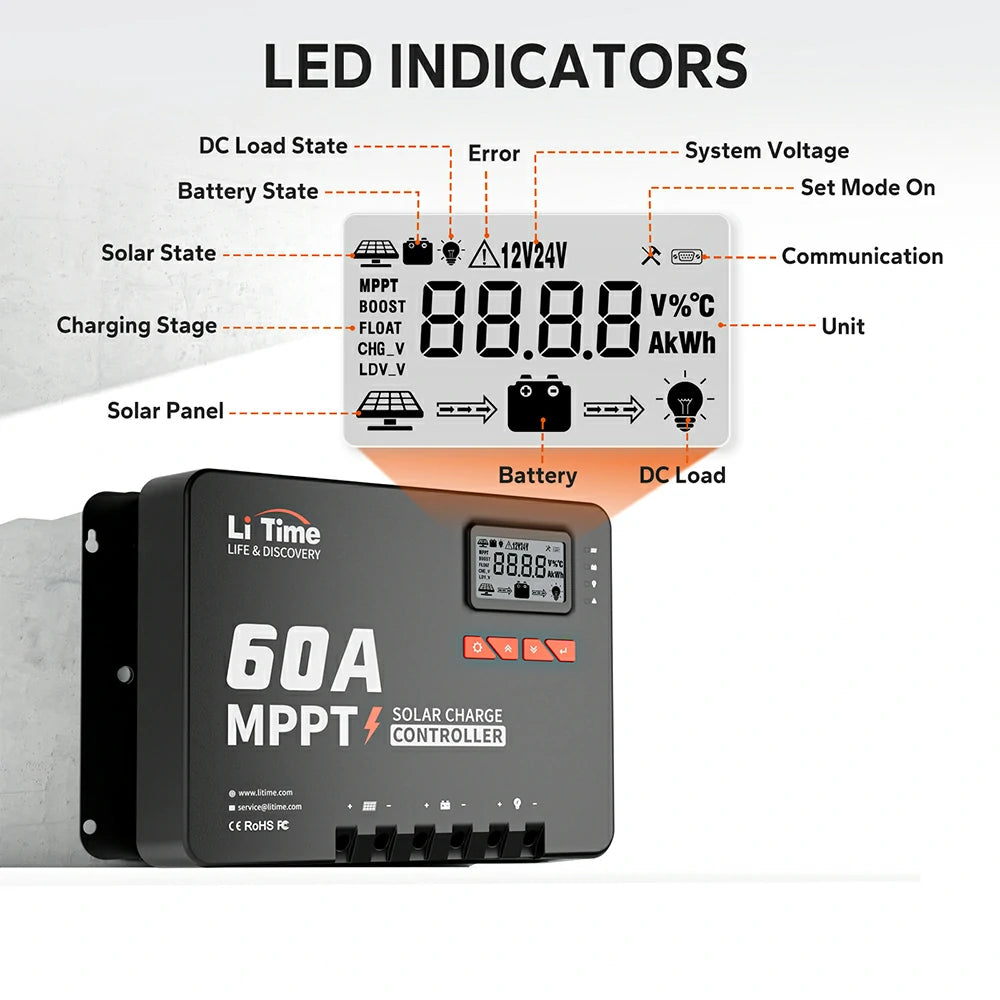 litime 60a mppt 12v/24v/36v/48v bluetooth solar charger cintroller led indicators