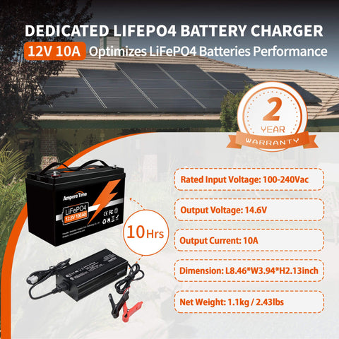 Ampere Time 14.6V 10A Dedicated LiFePO4 Battery Charger For 12V LiFePO4 Lithium Battery