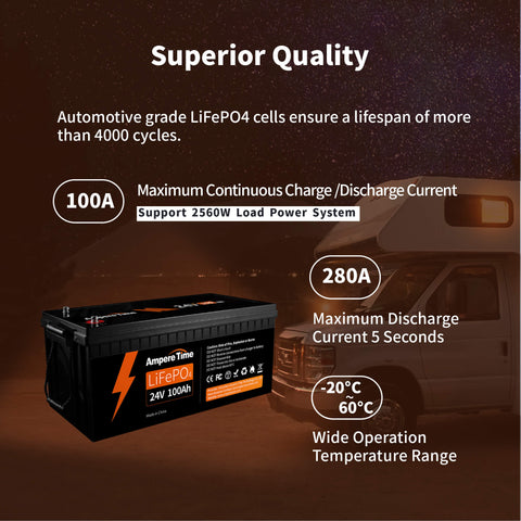 Ampere Time 24V 100Ah, 2560Wh Lithium LiFePO4 Battery & Built in 100A BMS