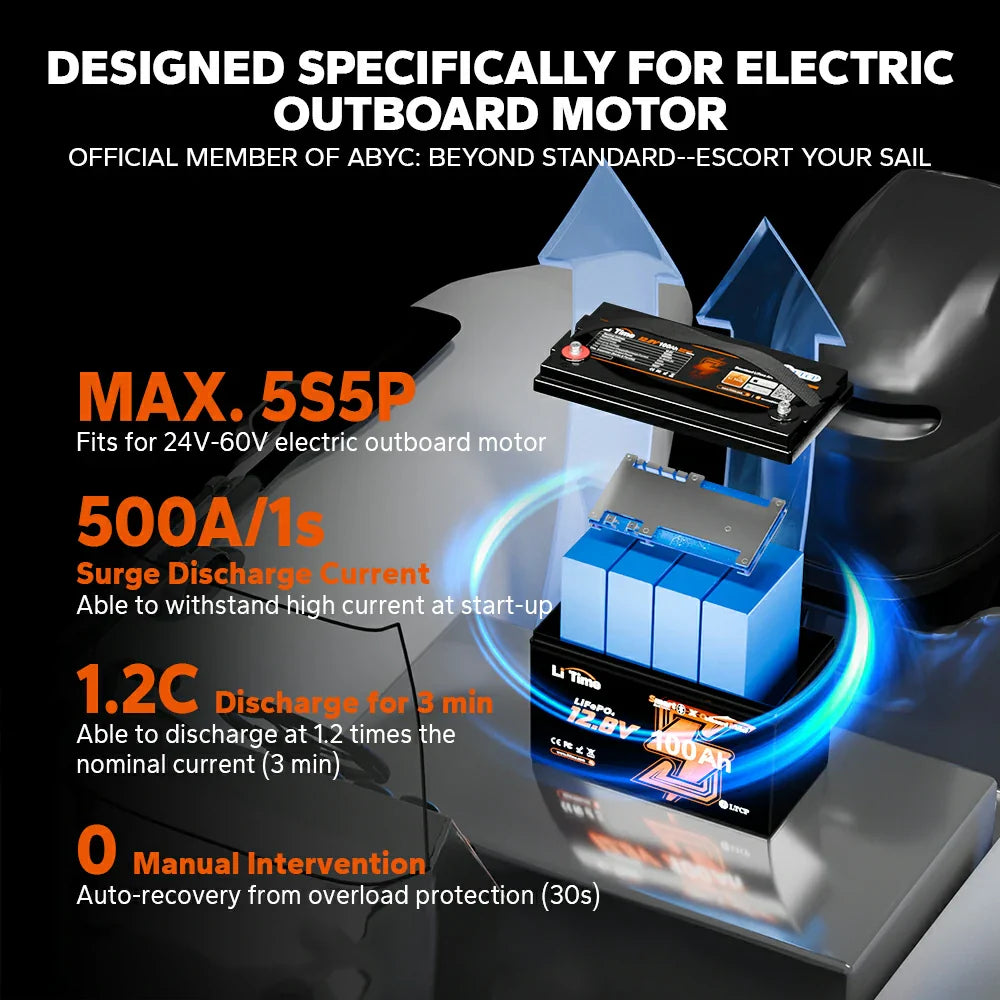 LiTime 12V 100Ah OBM Lithium Marine Battery for Electric Outboard Motors