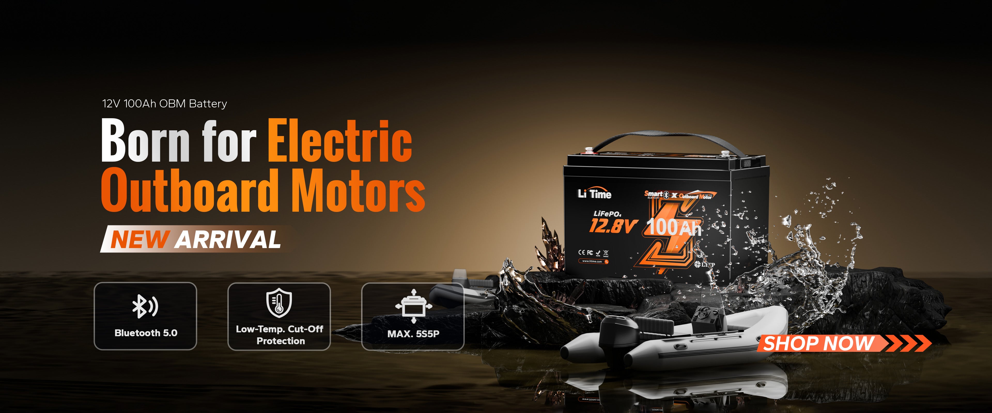 banner for the LiTime 12V 100Ah battery, designed for electric outboard motors and featuring Bluetooth 5.0