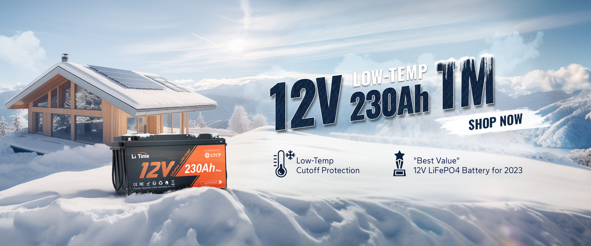 LiTime 12V 230Ah Low-Temp battery ad in a snowy mountain scene, with low-temp cutoff protection