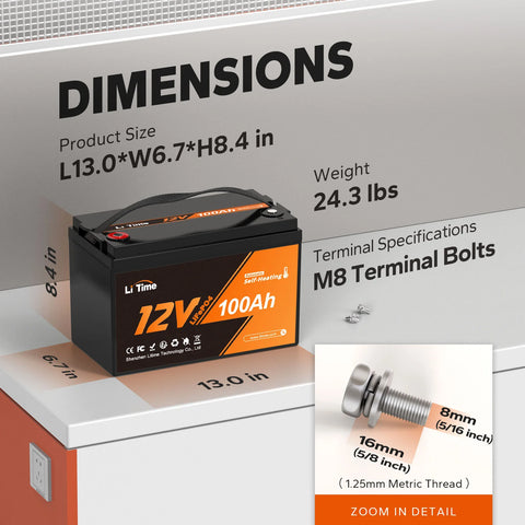 LiTime 12V 100Ah Self Heating Lithium Battery, Low Temperature Protection