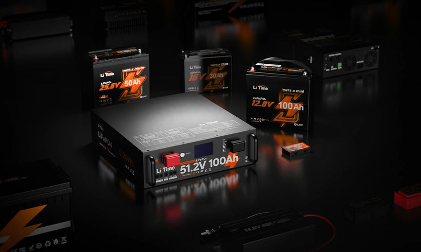 A showcase of the complete range of LiTime batteries in various sizes, representing a one-stop solution for power needs