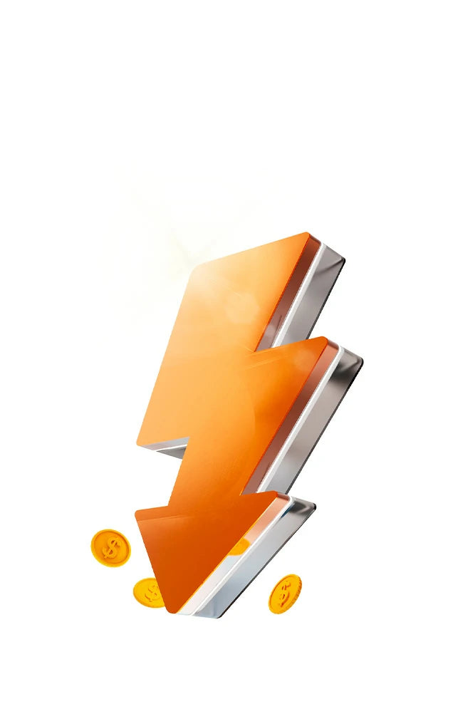 An icon of a lightning bolt surrounded by gold coins, representing exclusive official website discounts