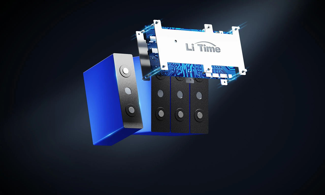 An exploded view of a LiTime battery's internal components, showcasing its EV-grade cells and advanced BMS technology