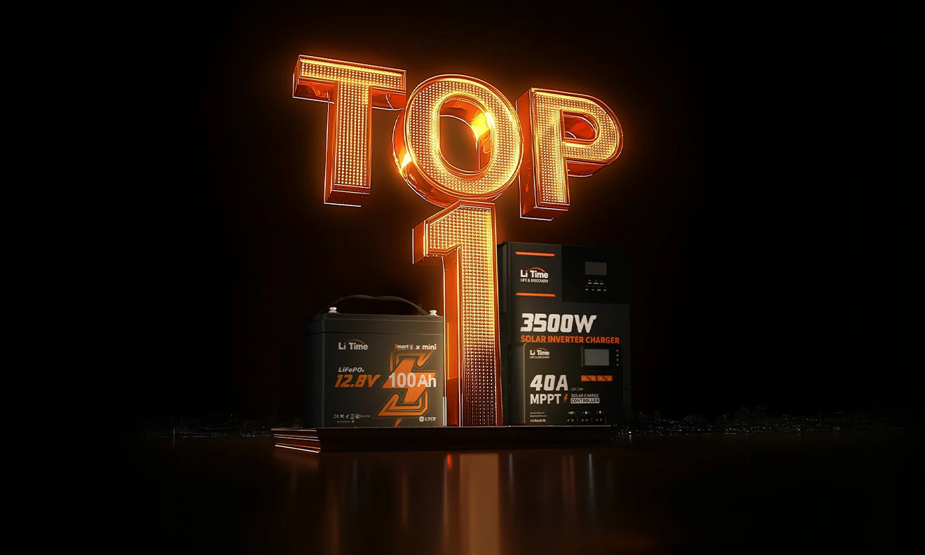 A glowing 'TOP 1' graphic behind a collection of LiTime products, symbolizing its status as a leading LiFePO4 brand