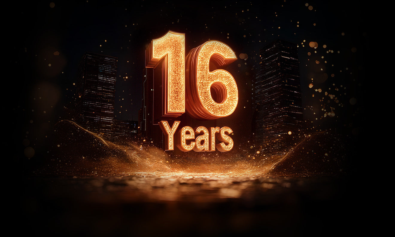 A golden '16 Years' graphic with sparkling effects, representing LiTime's 16 years of industry expertise