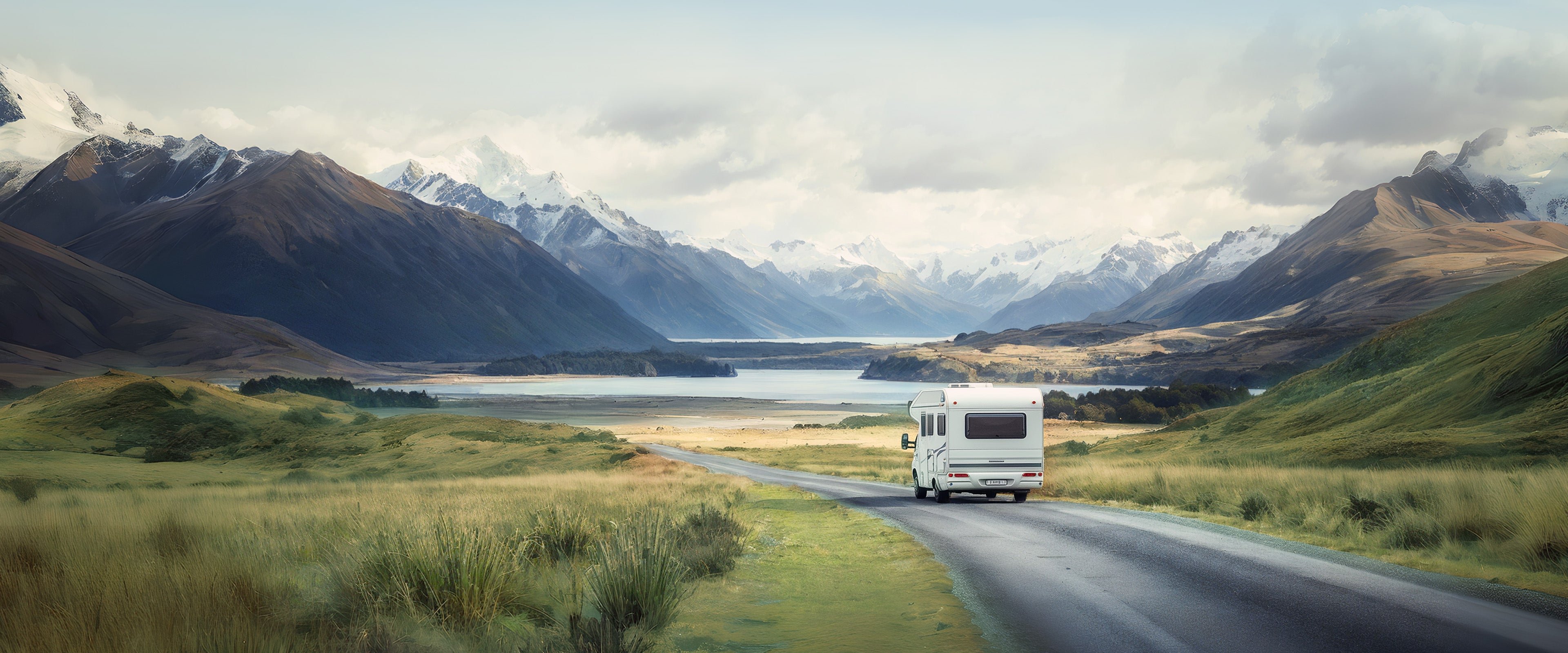 Scenic road with mountains and an RV, promoting RV LiFePO4 Batteries for limitless adventures