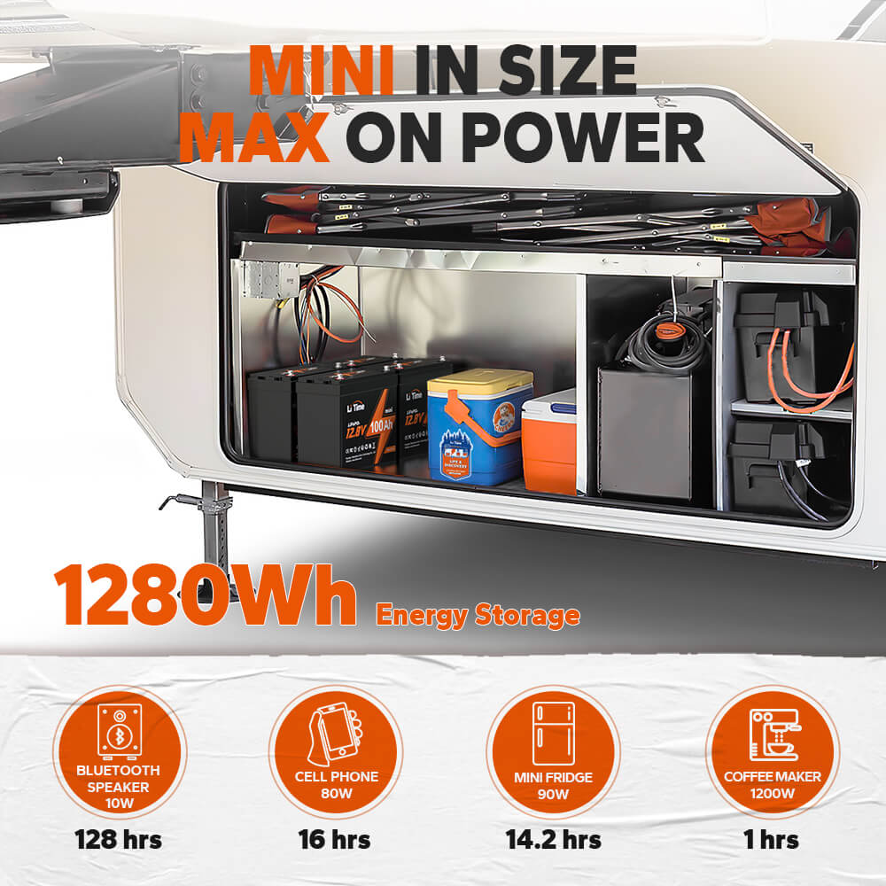 LiTime 12V 100Ah Mini LiFePO4 Lithium Battery, Upgraded 100A BMS, Max. 1280Wh Energy