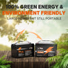 Two LiTime batteries outdoors, advertised as a portable, powerful, and 100% green, environment-friendly energy solution