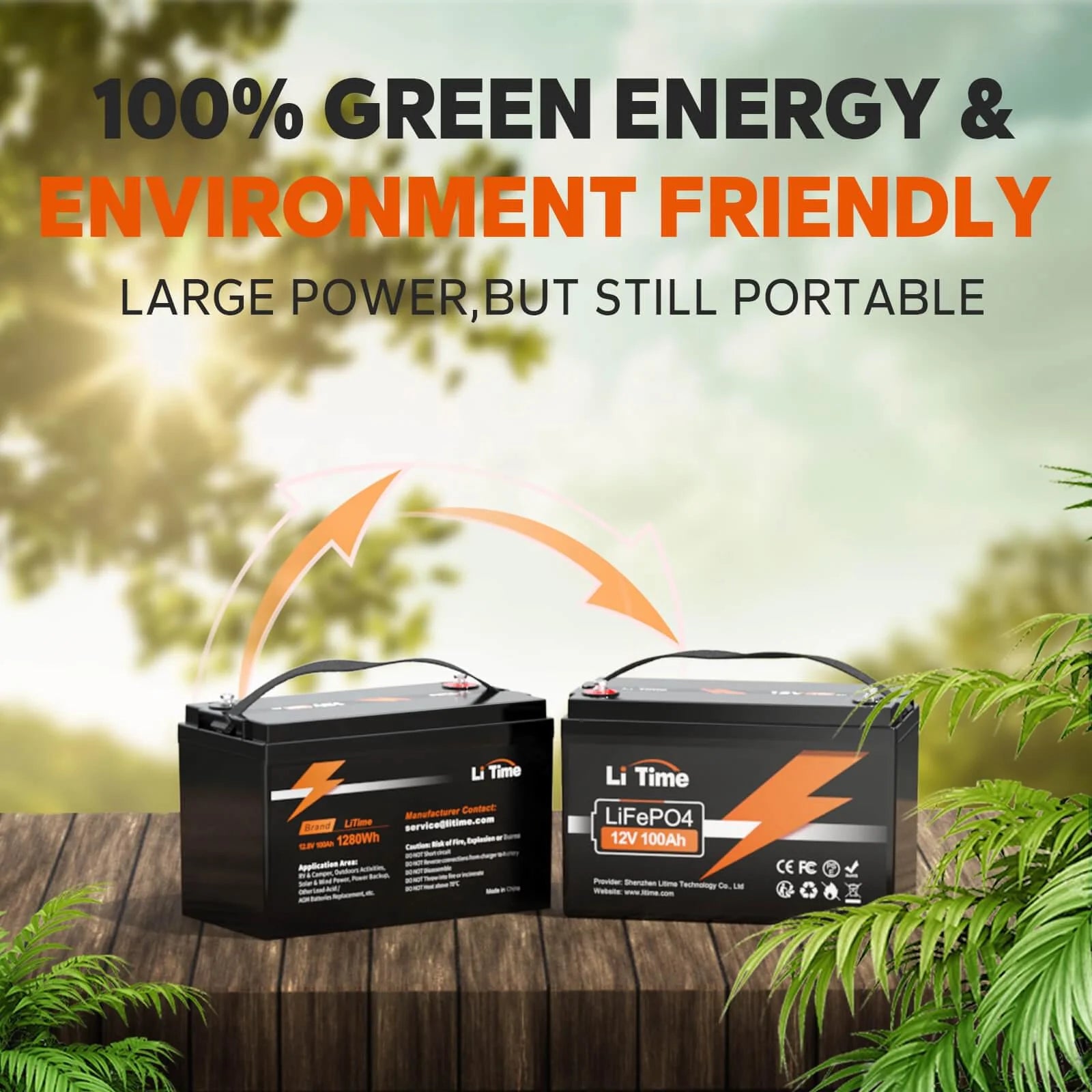 Two LiTime batteries outdoors, advertised as a portable, powerful, and 100% green, environment-friendly energy solution