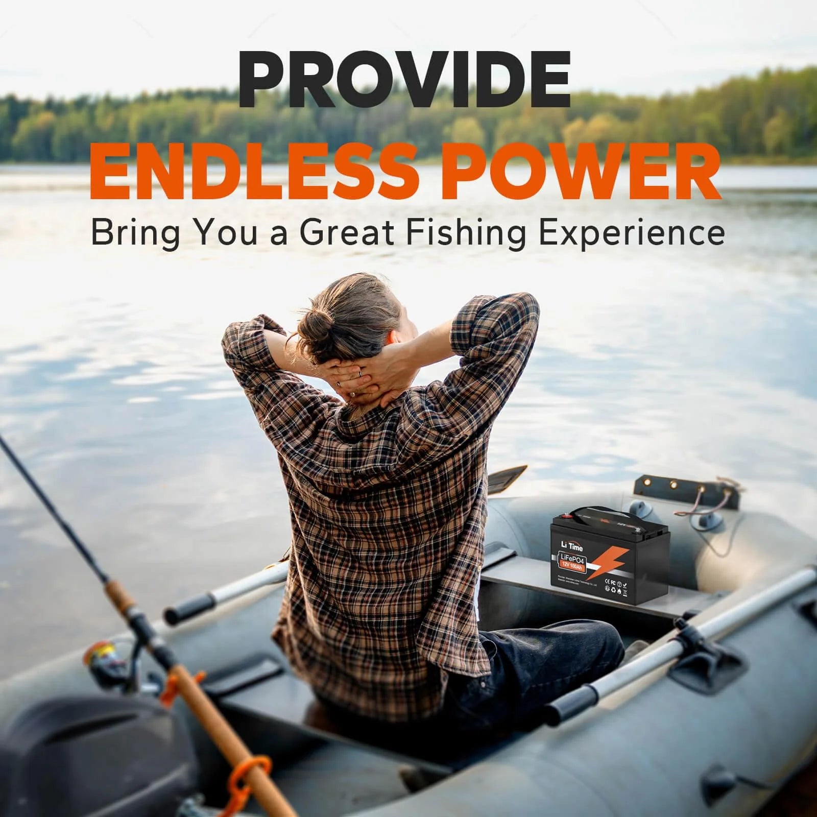 A man enjoys a relaxing fishing experience on a lake, with a LiTime 100ah battery powering the boat