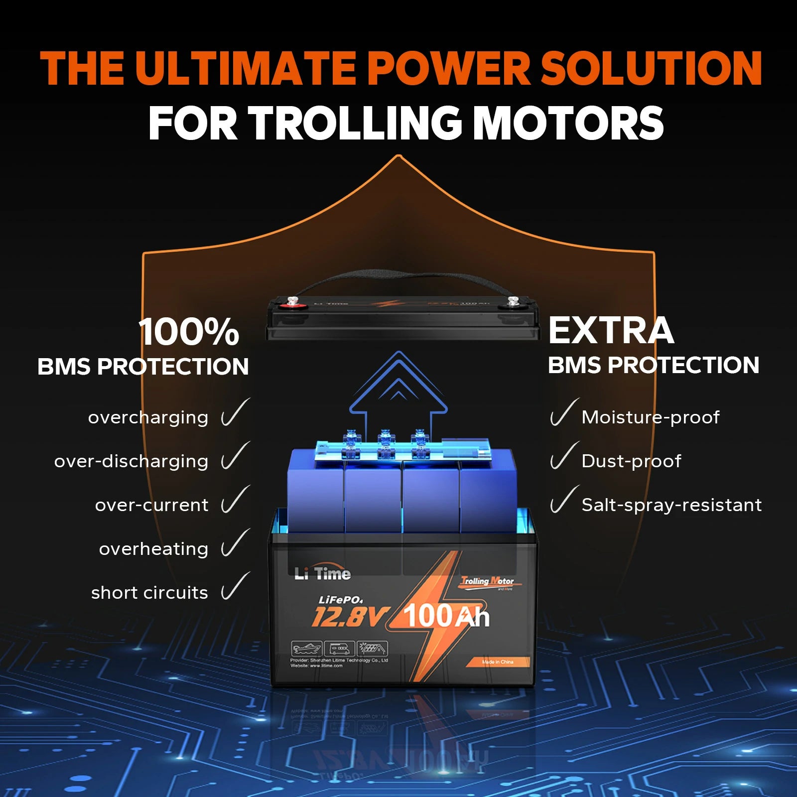 LiTime 12V 100Ah TM LiFePO4 Battery, Low-Temp Protection for Trolling Motors