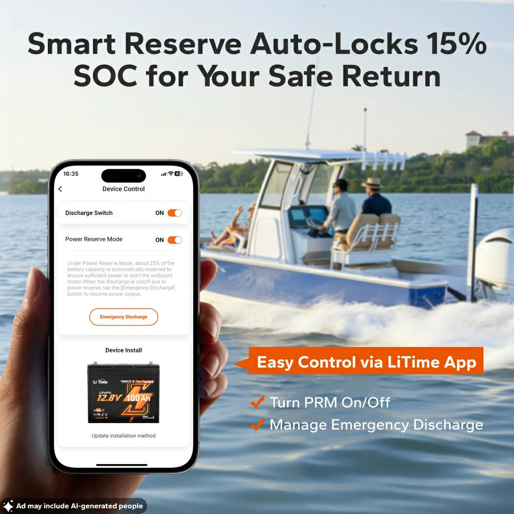 LiTime app managing 15 percent smart reserve power for emergency outboard starting
