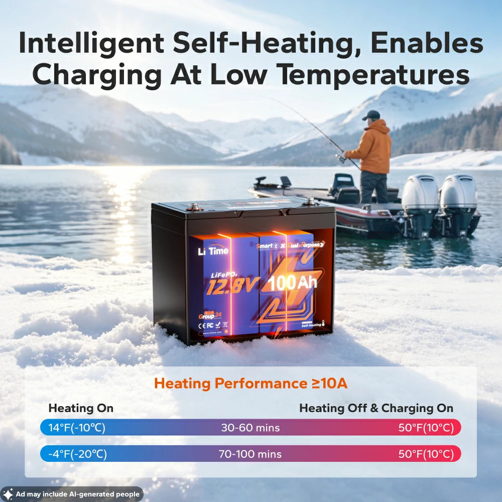 Self heating 12V 100Ah dual purpose lithium marine battery charging in cold weather
