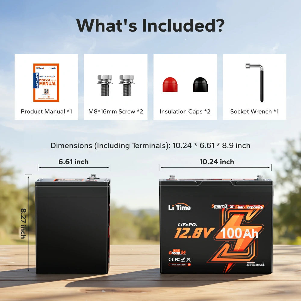 Group 24 12V 100Ah lithium battery dimensions, manual, M8 screws, and wrench included
