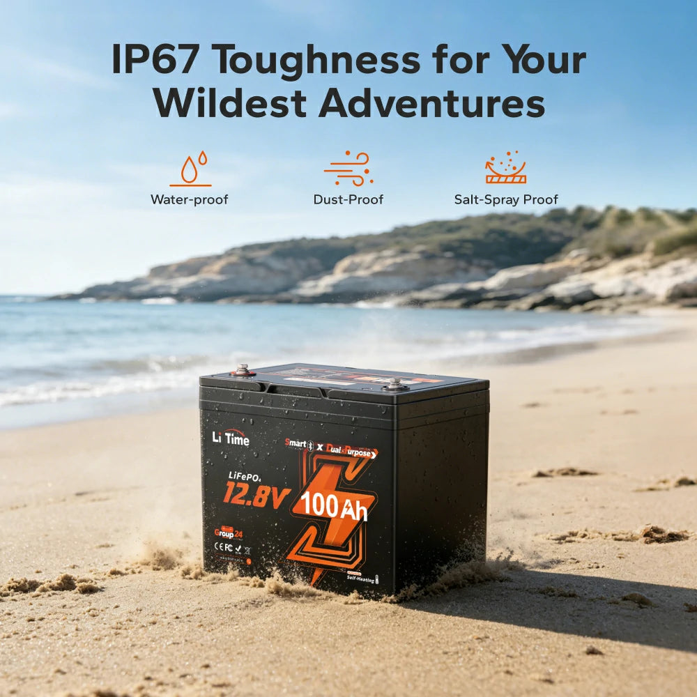 IP67 waterproof dustproof 12V 100Ah dual purpose marine lithium battery on beach